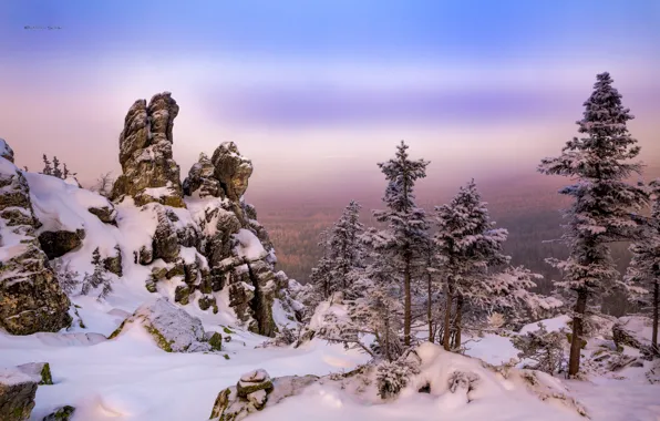 Картинка зима, снег, деревья, пейзаж, горы, природа, скалы, Урал, Таганай, Сергей Евдокимов