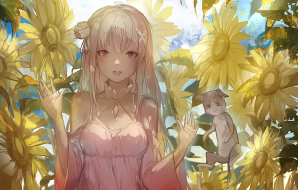 Картинка девушка, подсолнухи, цветы, арт, Пак, Эмилия, Re: Zero kara Hajimeru Isekai Seikatsu, emilia