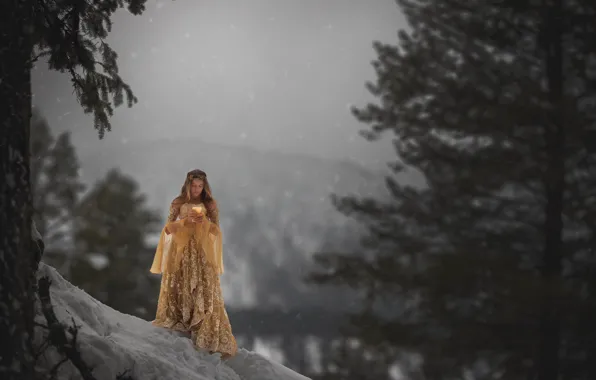 Картинка зима, лес, девушка, снег, деревья, горы, ветки, туман, свеча, склон, платье, блондинка, дымка, сосны, принцесса, …