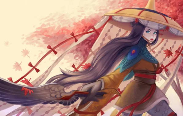 Картинка девушка, меч, шляпа, art, Onmyoji, ubume