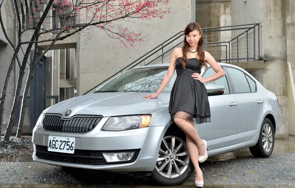 Картинка авто, взгляд, Девушки, азиатка, красивая девушка, позирует над машиной, Skoda Octavia