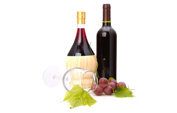 Картинка листья, вино, бокал, виноград, белый фон, бутылки