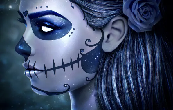 Картинка девушка, лицо, роза, череп, макияж, арт, dia de los muertos, sugar skull