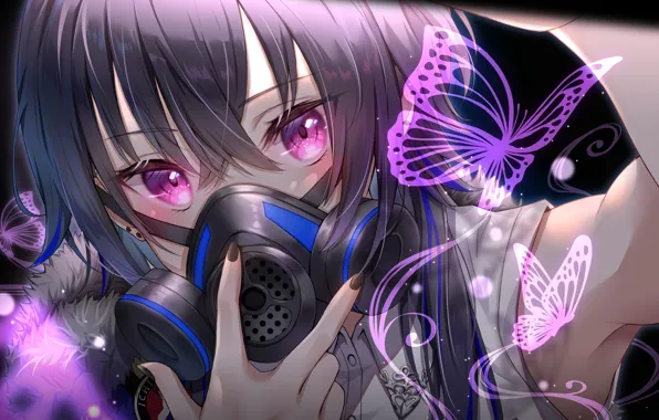 Картинка девушка, бабочки, респиратор, Hololive, виртуальный ютубер, Ichinose Uruha
