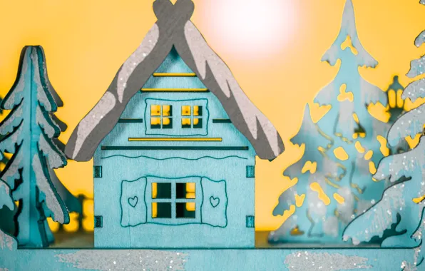 Картинка крыша, лес, солнце, свет, голубой, блеск, окна, избушка, голубые, контраст, Рождество, Новый год, деревянный, домик, …