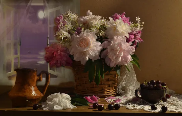 Картинка цветы, ягоды, корзина, окно, чашка, кувшин, натюрморт, черешня, салфетка, пионы, Валентина Колова
