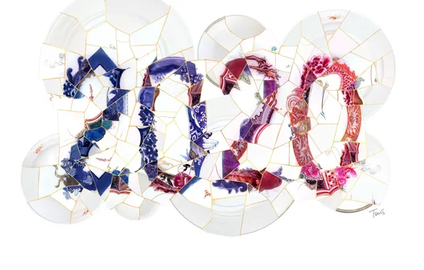 Картинка осколки, цифры, тарелки, год, Kintsugi 2020