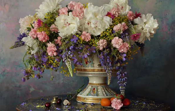 Картинка цветы, стиль, букет, ваза, натюрморт, пионы, люпины, Андрей Морозов