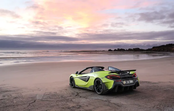 Картинка пляж, закат, McLaren, суперкар, Spider, 2019, 600LT, Lime Green