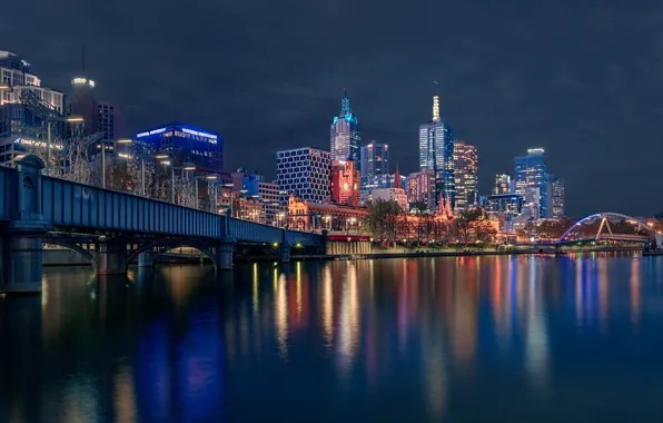Картинка мост, река, здания, дома, Австралия, ночной город, небоскрёбы, Melbourne, Yarra River, Australia, Мельбурн, Sandridge Bridge, …