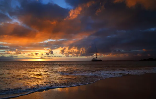 Картинка море, небо, солнце, облака, закат, побережье, яхта, горизонт