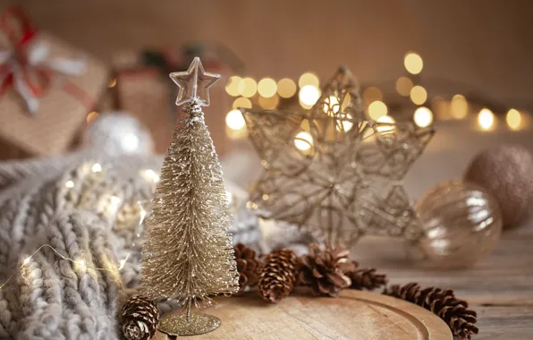 Картинка шарики, звезда, Рождество, Новый год, ёлочка, шишки, декорация