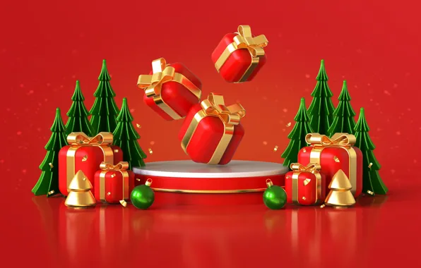 Картинка украшения, рендеринг, фон, елка, Рождество, подарки, Новый год, red, christmas, new year, happy, background, merry, …