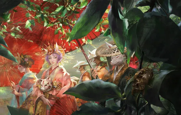 Картинка корона, кимоно, оборотень, красный зонт, шествие, зеленая листва, маска демона, девятихвостая лиса, by Amber