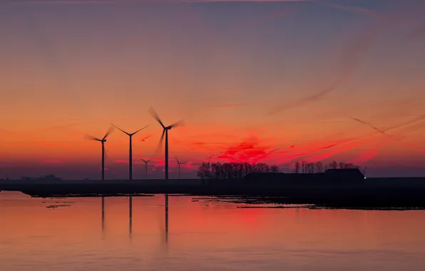 Картинка вечер, силуэт, зарево, Нидерланды, ветроэлектрогенератор