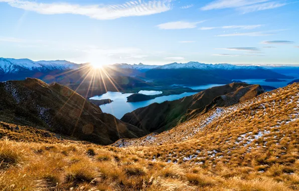 Картинка горы, озеро, восход, рассвет, Новая Зеландия, New Zealand, Lake Wanaka, Южные Альпы, Southern Alps, Озеро …