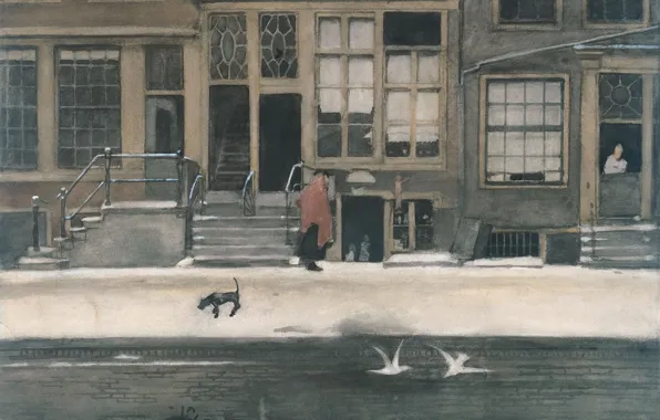 Картинка рисунок, акварель, 1919, Willem Witsen, Виллем Витсен, Канал Kromboomsloot в Амстердаме