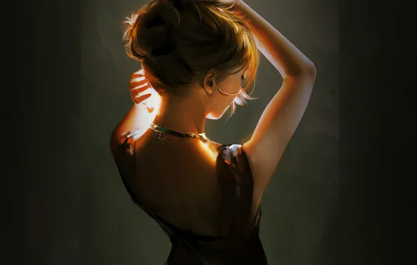 Картинка ожерелье, в темноте, портрет девушки, со спины, руки над головой