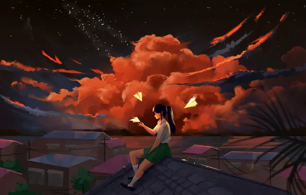Картинка небо, облака, девочка, бумажный самолетик, by nanchoart