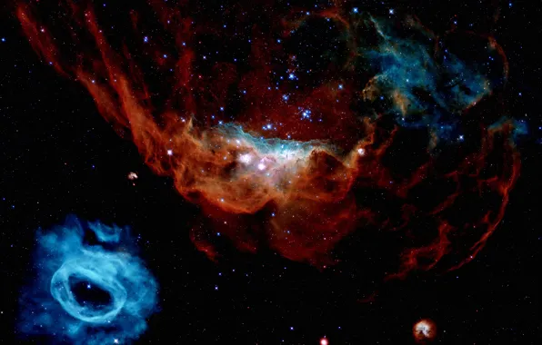 Картинка Stars, LMC, NGC 2014, NGC 2020, Gas clouds, The Large Magellanic Cloud, Oxygen gas clouds, …