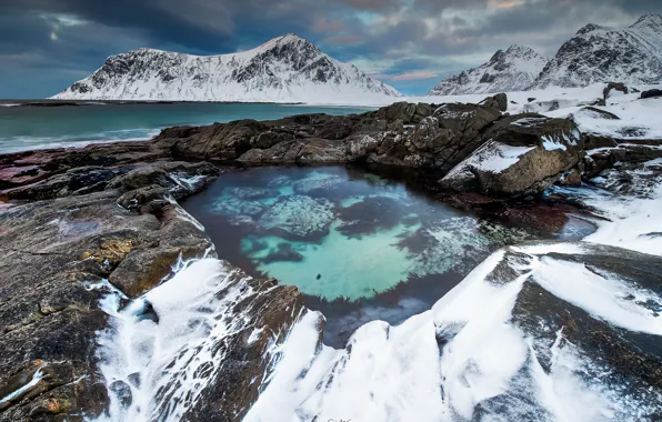Картинка зима, снег, горы, камни, скалы, берег, Исландия, водоем