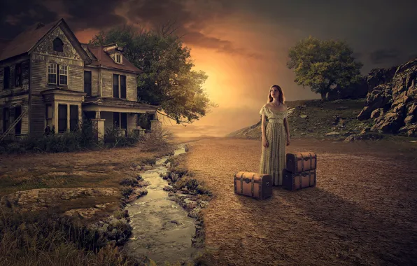 Картинка девушка, закат, дом, чемодан, фото арт