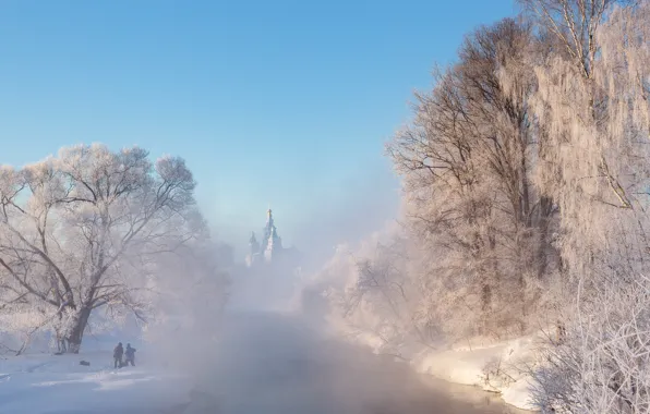 Картинка зима, иней, снег, деревья, пейзаж, природа, туман, река, храм, монастырь, Истра