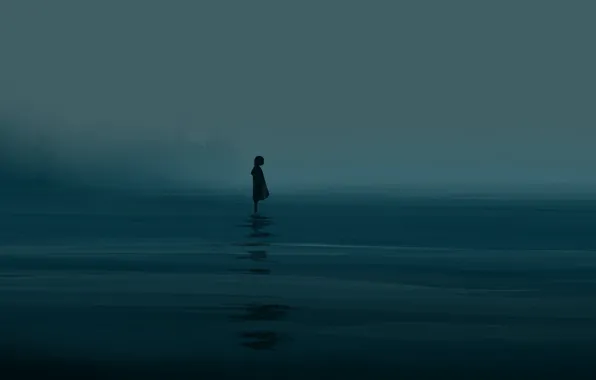 Картинка море, туман, девочка, сумерки, постапокалипсис