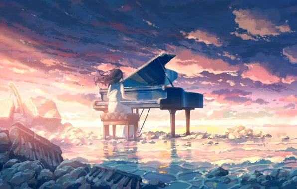 Картинка море, пляж, девушка, пианино