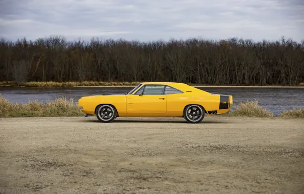 Картинка 1969, Dodge, Charger, Yellow, Side, Dodge Charger, Road, Lake, Forest, Ringbrothers, 2022, Captiv, Ringbrothers Dodge …