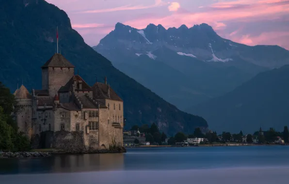 Картинка горы, озеро, замок, Швейцария, Schloss Chillon, Veytaux, lake Geneva