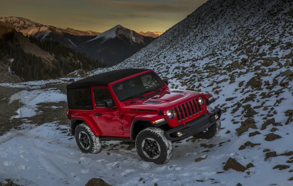 Картинка снег, горы, красный, 2018, Jeep, перевал, Wrangler Rubicon
