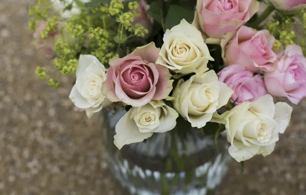 Картинка цветы, розы, букет, ваза, розовые, белые, много, разные, боке