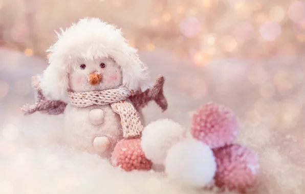 Картинка зима, шарики, снег, праздник, шапка, игрушка, Рождество, Новый год, снеговик, розовый фон, боке, новогодние украшения, …