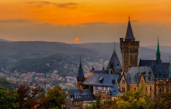 Картинка закат, замок, Германия, панорама, Вернигероде, Wernigerode Castle