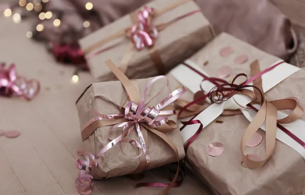 Картинка Рождество, подарки, Новый год, бантики, коробки, боке, новогодние украшения