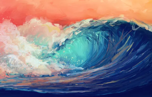 Картинка waves, sky, water, art, digital art, artwork, Sea, orange sky