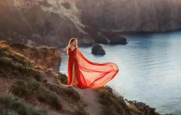 Картинка море, взгляд, девушка, поза, скалы, платье, красотка, Бармина Анастасия