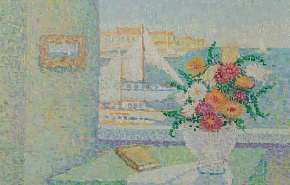 Картинка цветы, картина, парус, пуантилизм, Натюрморт с Лодками в Гавани, Jeanne Selmersheim-Desgranges