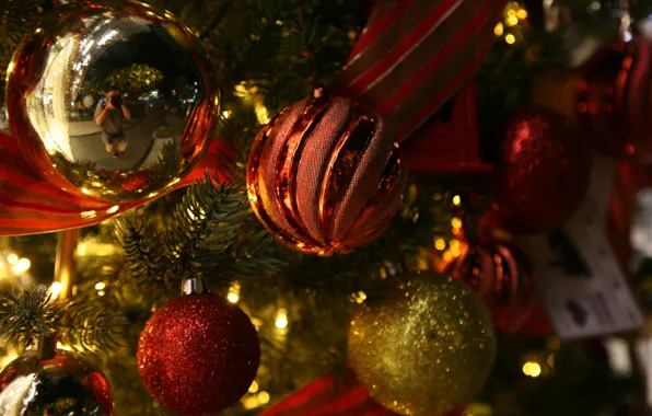 Картинка зима, шарики, праздник, шары, Рождество, Новый год, ёлка, хвоя, ёлочные игрушки, новогодние украшения, новогодние декорации