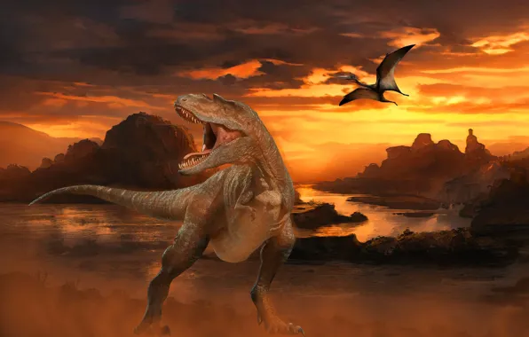 Картинка Закат, Облака, Горы, Зубы, Хищник, Двое, Животные, Raptor, Dinosaur, T-Rex, Тираннозавр, Оскал, Tyrannosaurus Rex, Древние …