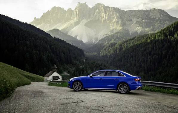 Картинка синий, Audi, седан, горная дорога, Audi A4, Audi S4, 2019