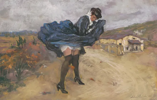 Картинка 1911, итальянский живописец, Italian painter, Silvio Bicchi, The gust of wind, Порыв ветра, Pastel on …