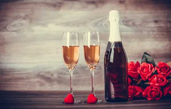 Картинка цветы, романтика, розы, бокалы, шампанское, 8 марта
