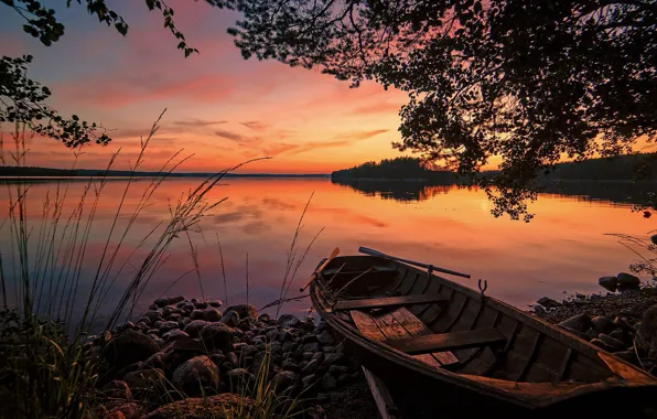 Картинка закат, озеро, лодка, вечер, Финляндия