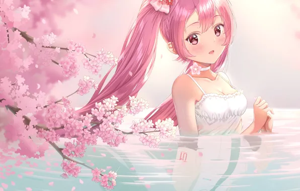 Картинка вода, девушка, озеро, весна, сакура, Hatsune Miku, розовые волосы, Sakura Miku