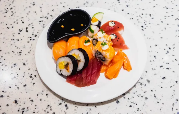 Картинка тарелка, рис, соус, суши