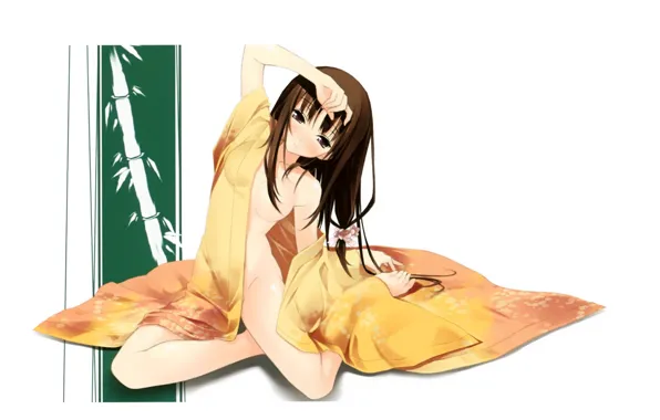 Картинка бамбук, девочка, кимоно, сидит на полу, рука на голове, by Kantoku
