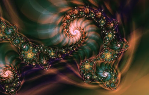 Картинка фиолетовый, абстракция, зеленый, узор, темный, спираль, фрактал, орнамент, математическая вселенная
