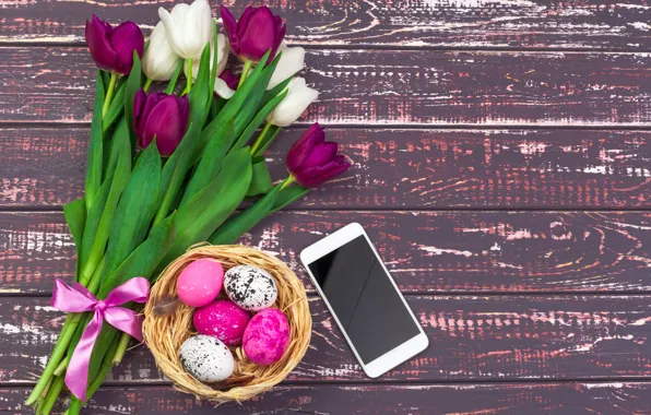 Картинка цветы, яйца, colorful, Пасха, тюльпаны, happy, wood, pink, flowers, tulips, Easter, purple, eggs, decoration